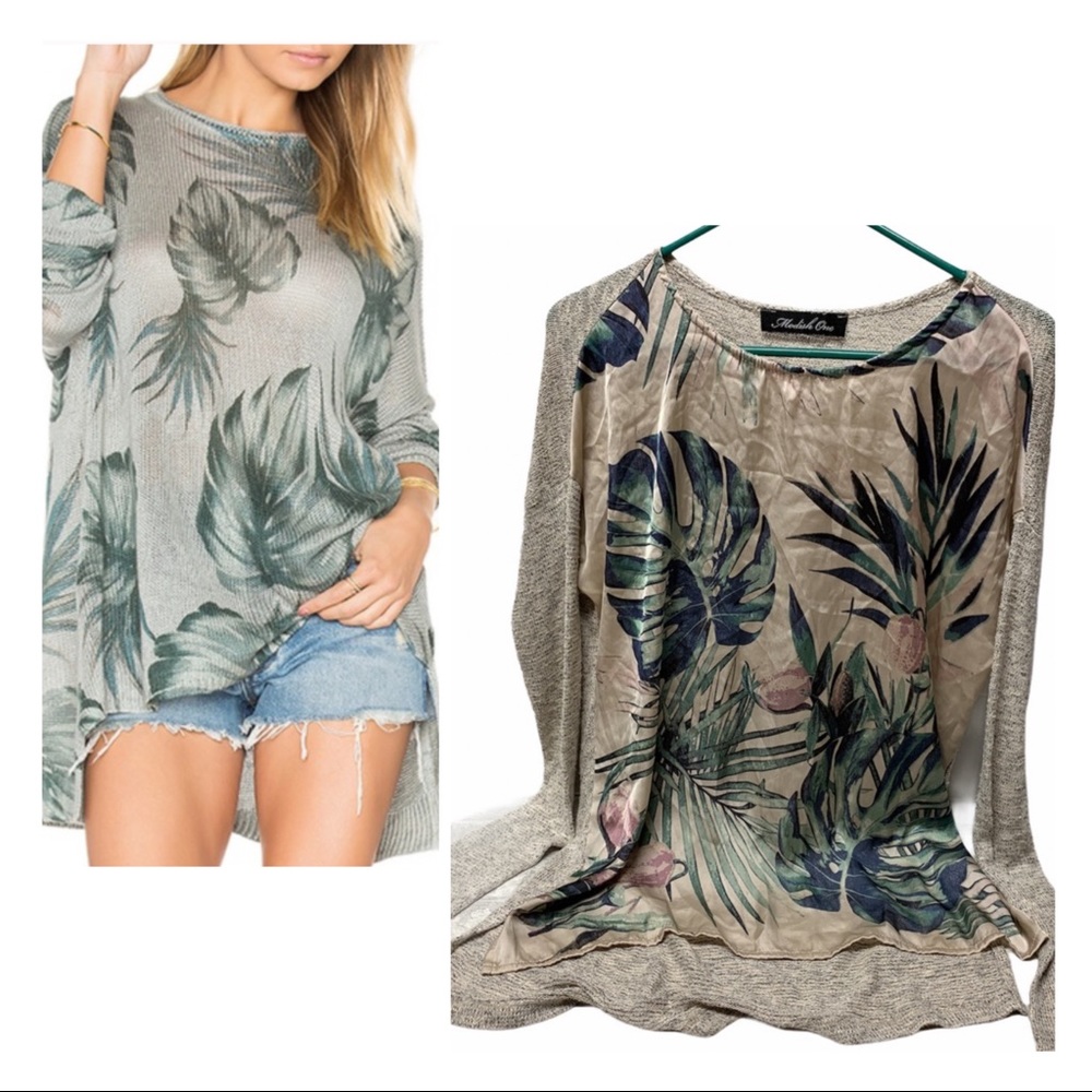 Tropical print silky knit tunic blouse